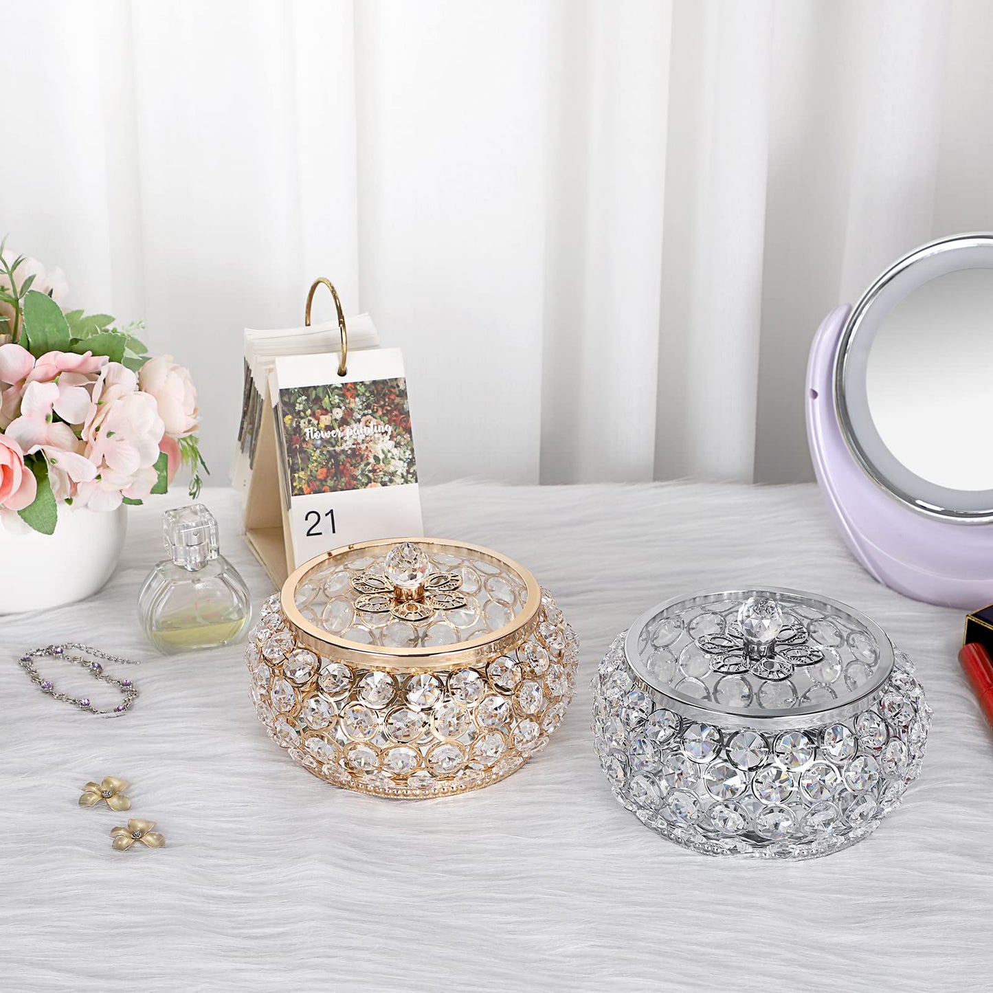 Hipiwe Crystal Jewelry Trinket Box with Glass Lid Large Gold Mirrored Treasure Box Decorative Jewelry Box Ring Earrings Necklace Storage Keepsake Box Gift for Women