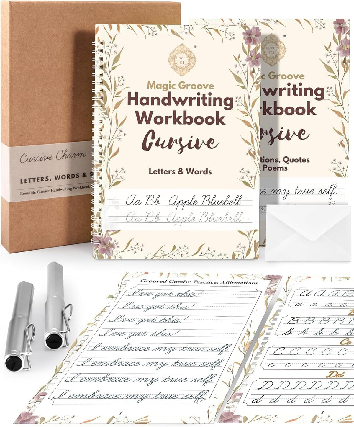 UNCLE EJ® Grooved Cursive Handwriting Workbook Kit - Reusable Cursive Workbook for Kids 8-12 and Adults, Magic Grooved Handwriting Practice, Letters Words Poetry & Affirmations, Cursive Charm, 9.8"x7"