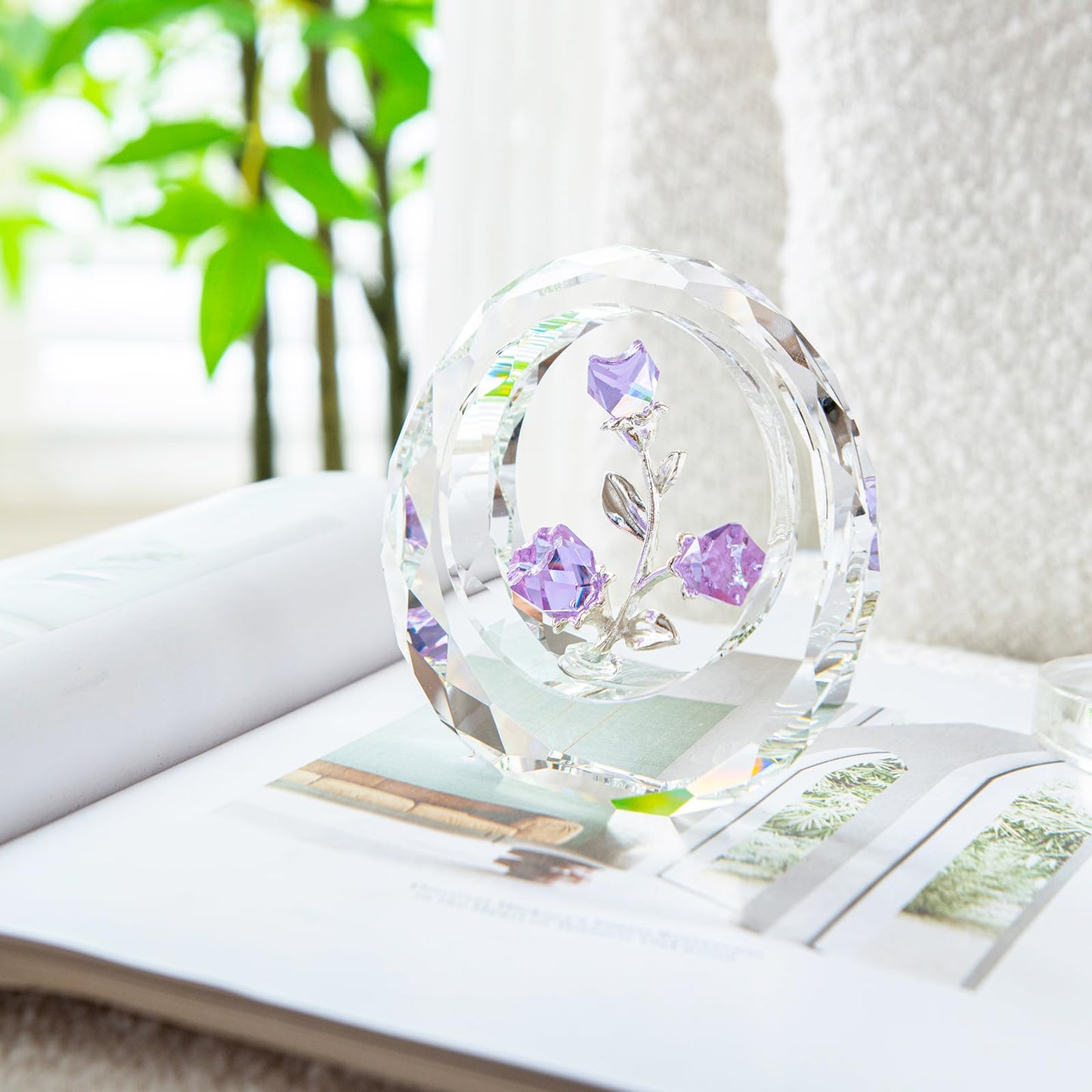 Crystal Tulips Rose Collectible Figurines,Glass flowers in glass dome,Tiny crystal glass rose figurines, Glass roses with stems with stems, Crystal deco for home, Holiday Creative Gift (Purple)