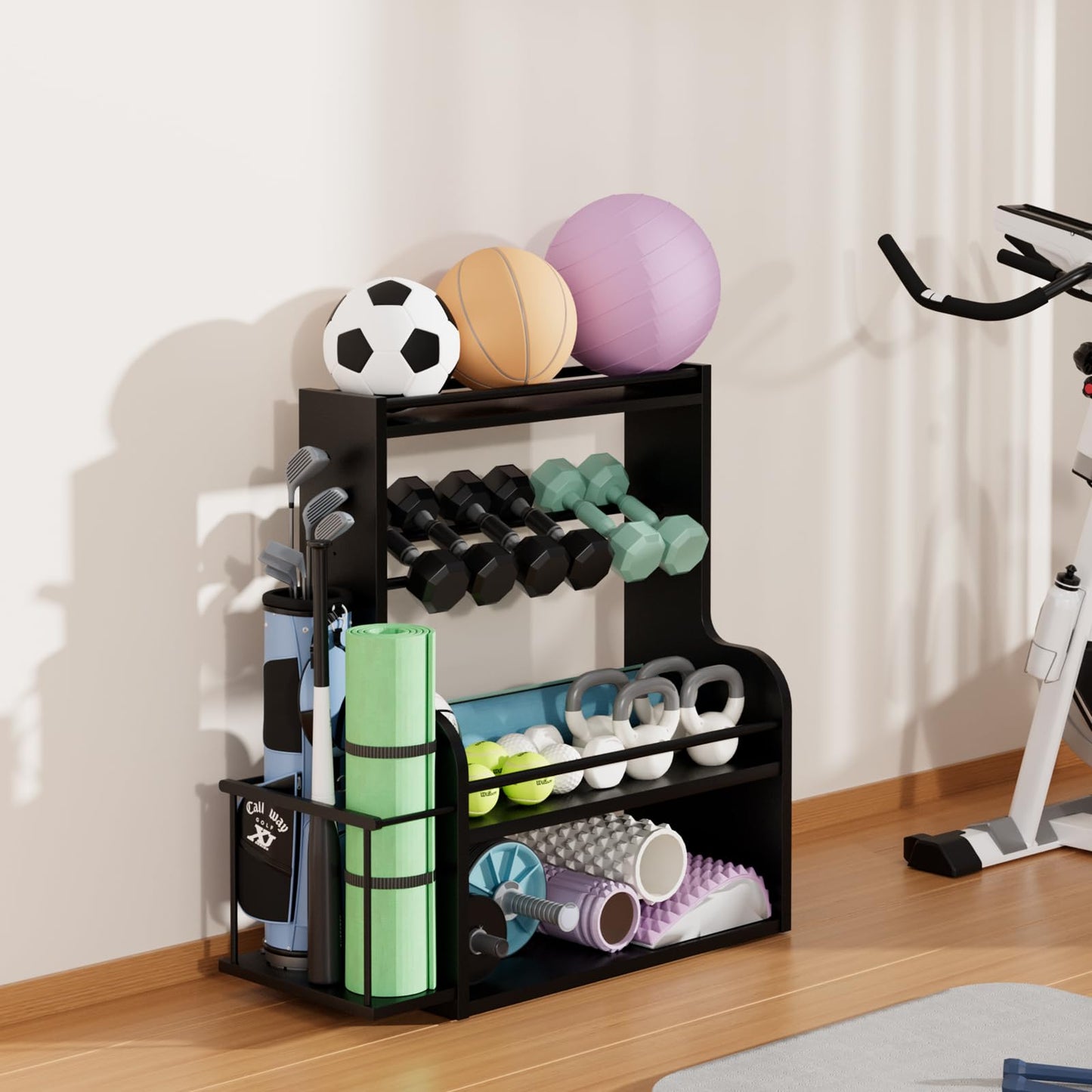 APRTAT Bamboo Dumbbell Rack, Adjustable Weight Rack for Home Gym, All-in-One Workout Equipment Storage for Dumbbells, Kettlebells, Yoga Mats & Balls（Black）