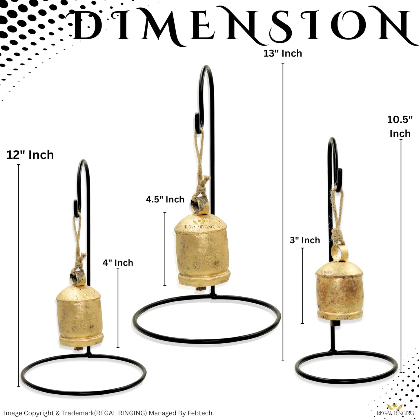 Pack of 3 Golden Bells with Metal Stand in Black Colour in Single Pack, Harmony Cow Bells Christmas Hanging XL Bells On Rope (3, Round)