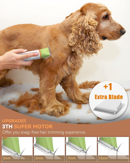 Unibono Dog Grooming Clipper Kit, Quiet Cordless Pet Clipper for Dogs & Cats, Silent Dog Cat Shaver for Paws, Claws, Eyes, Ears, Face with Grooming Scissors Comb, Green