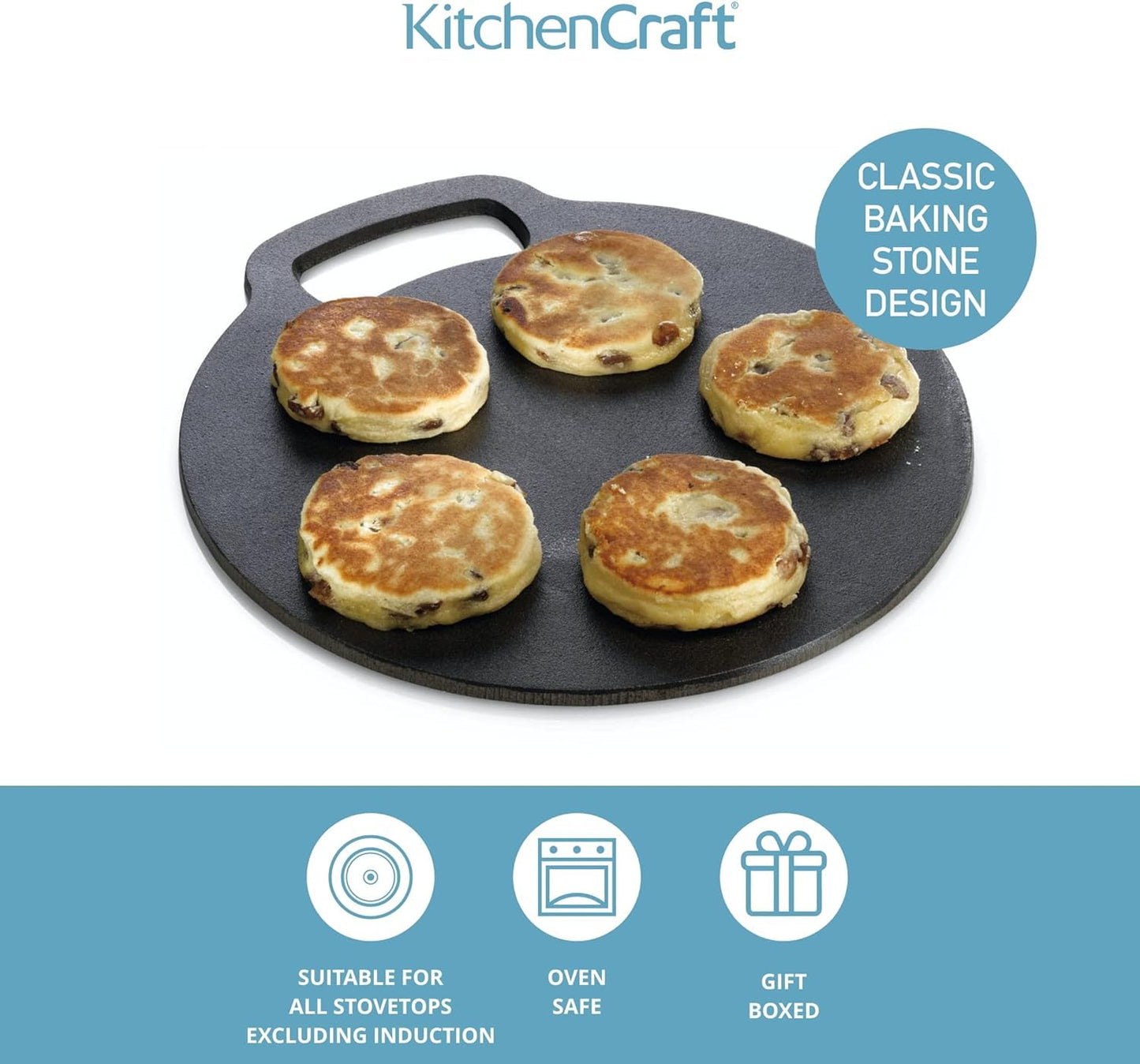 KitchenCraft Baking Stone Tray, Non Stick, for Oven or Hob, for Pizza, Bread, Pancake and other Recipes in Gift Box, Round, Cast Iron, 27 cm x 6.5 mm
