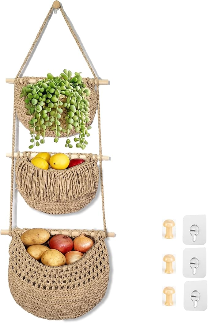 3 Tier Hanging Fruit Baskets for Kitchen, Boho Cotton Rope Handwoven Vegetable