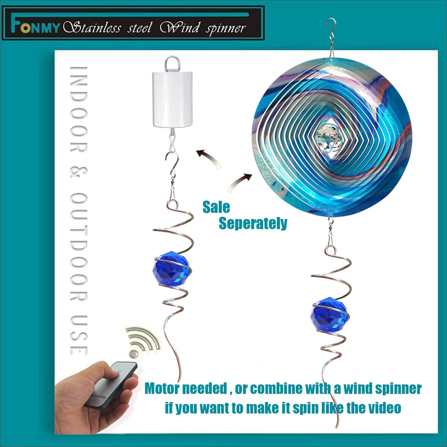 FONMY Gazing Ball Spiral Tail -Decorative Wind Spinner Sun Catcher Rainbow Maker 11 inch Tail and 2 inch Dark Blue Crystal Orb. Indoor Outdoor Garden Decoration -13 inch Height