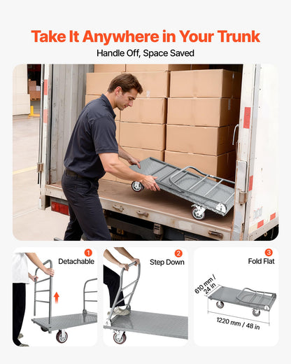 VEVOR 2 in 1Platform Truck, 2650 LBS Heavy Duty Flatbed Cart Dolly with Detachable Rear Guardrail and Swivel Wheels, Foldable Hand Push Truck Cart for Groceries, Garage, Warehouse (48"×24")