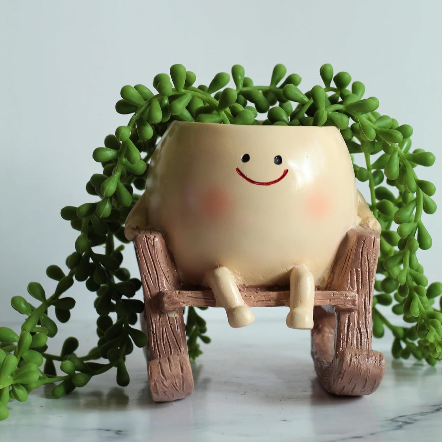 AK Cute Resin Smiling Face Planter Pot with Chair Stand, Handpainted, Brown, for Home, Garden & Living Room Decor