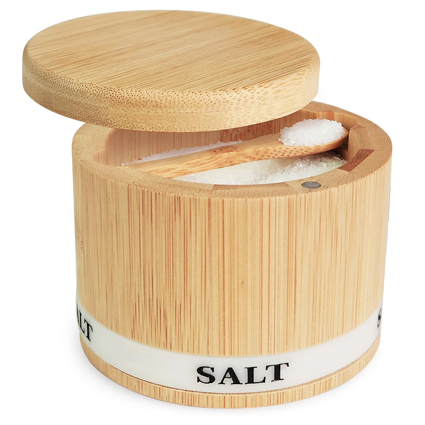ThougrLyh Salt Box Bamboo Salt Container with Swivel Lid and Spoon Small Spice Cellar with Label 8 oz Capacity salt Holder for Countertop with Magnetic to Easy Open and Seal