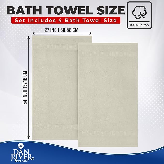 DAN RIVER Bath Towels Set of 4, 27 x 54 Inches, 100% Cotton, Larger & Lighter