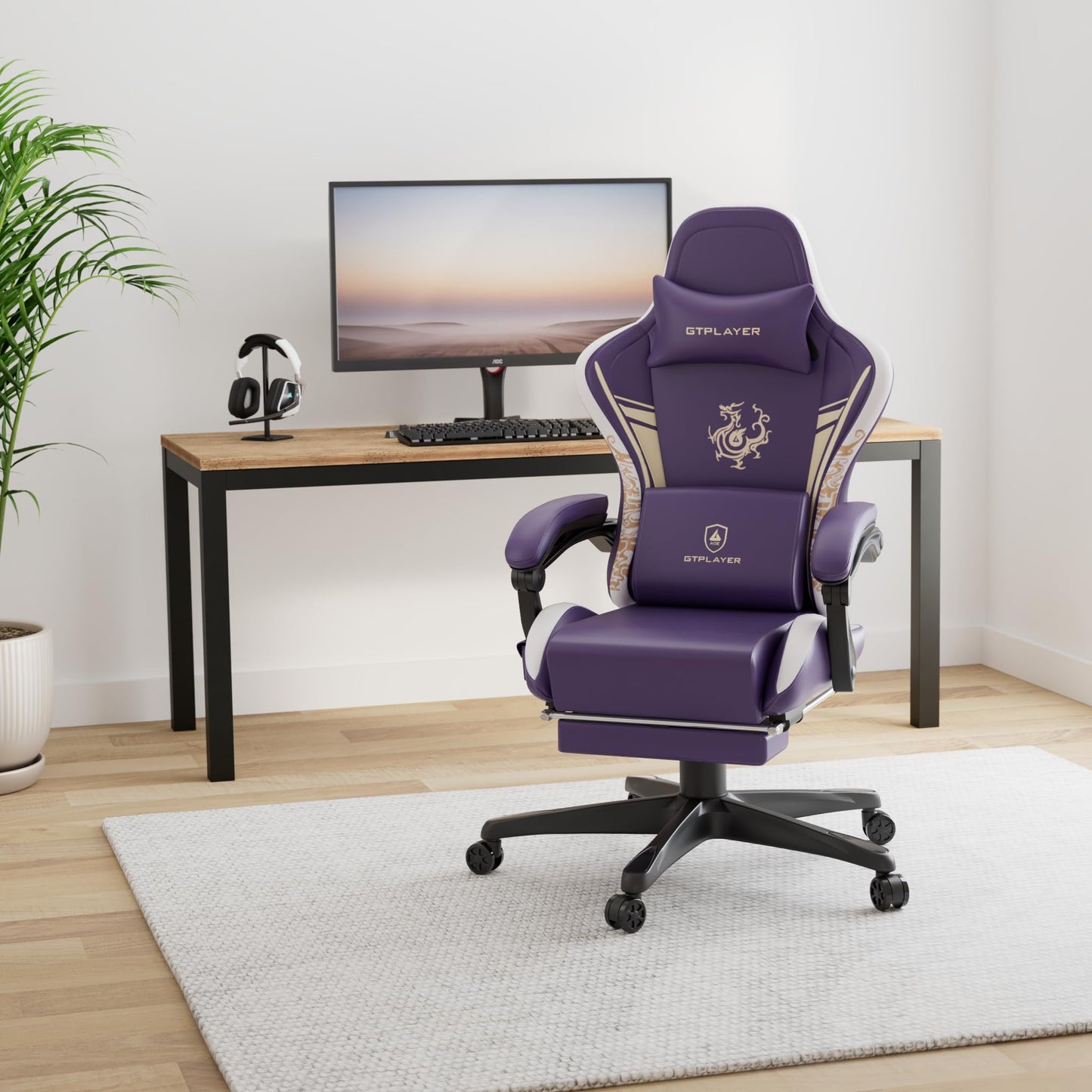 GTPLAYER Gaming Chair with Bluetooth Speakers and Footrest, Dragon Series Video Game Chair, Heavy Duty Ergonomic Chair Esports Gaming Chair, Computer Office Desk Chair (Purple)