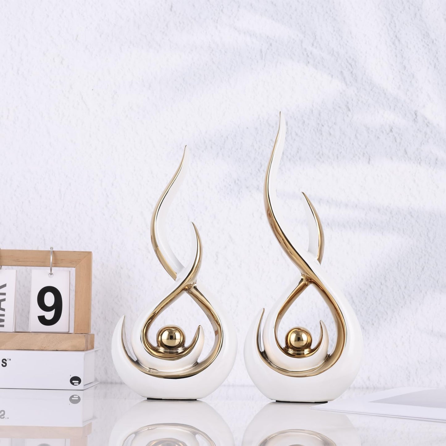 Ceramic Abstract 2 Piece Statue Set, White and Gold Home Decor Accents for Home Decor Statue Mantel Shelf Decor Unique Shelf Decor on Mantel, TV Cabinet Divider Table Top and Dining Table Centerpiece.