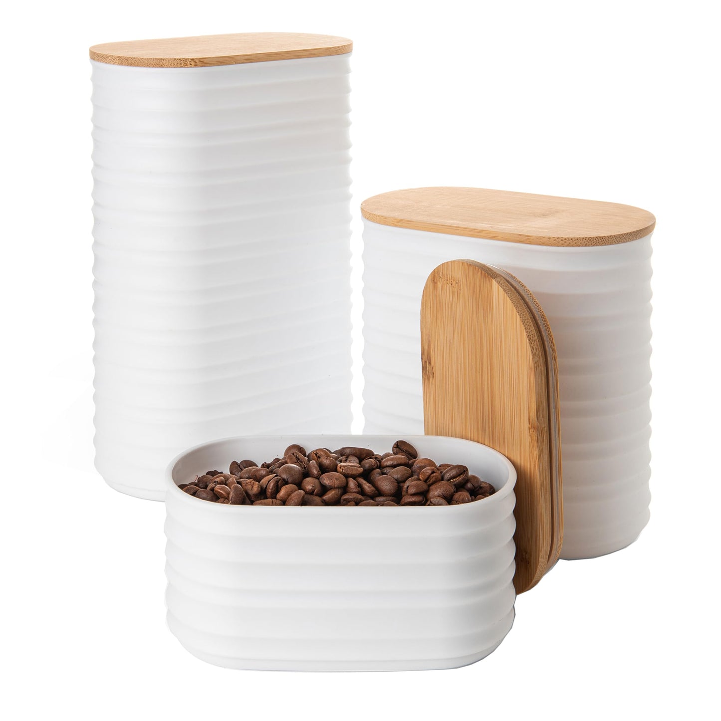 Mixpresso White Canisters Sets for the Kitchen – 3-Piece Airtight Plastic Sugar Container Set with Bamboo Lids in Three Different Sizes – Decorative Modern Storage Jars for Coffee, Tea & Countertops
