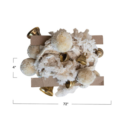 Creative Co-Op Handmade Wool and Cotton Blend Pom Pom and Bell Garland, Natural and Brass Finish