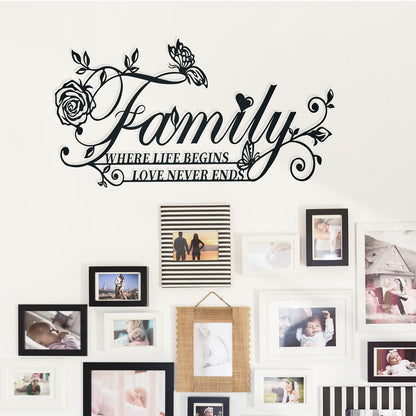 Family Where Life Begins Love Never Ends Word Sign Metal Wall Art Decor, Heavy-duty Iron Black Letters Quotes Sign Wall Sculptures Home Decor, Hanging Wall Art Decoration for Living Room Bedroom