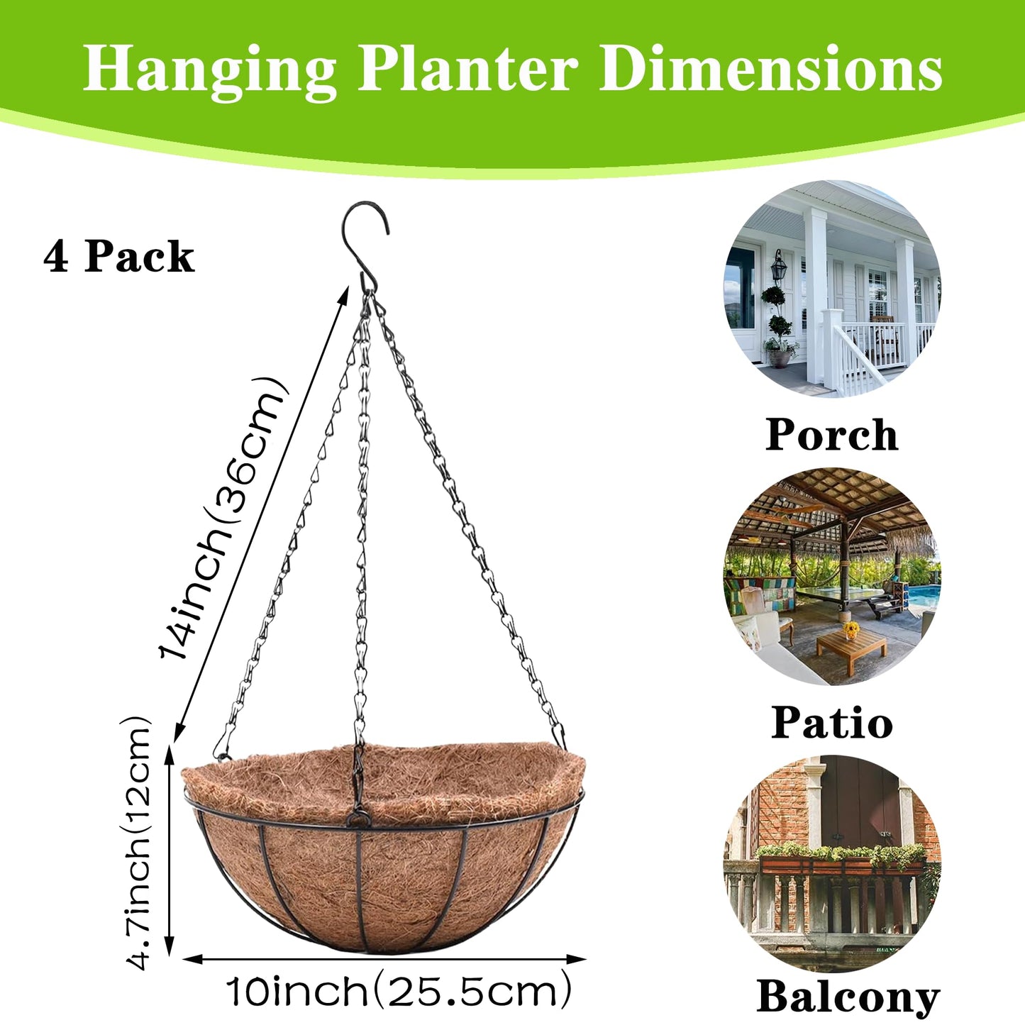 EIMQUVW Metal Hanging Planters Basket Set of 4 Hanging Flower Pots 10 Inch Chain Round Wire Plant Holder with Coco Coir Liner Garden Watering Hanging Baskets for Patio Garden Outdoor1