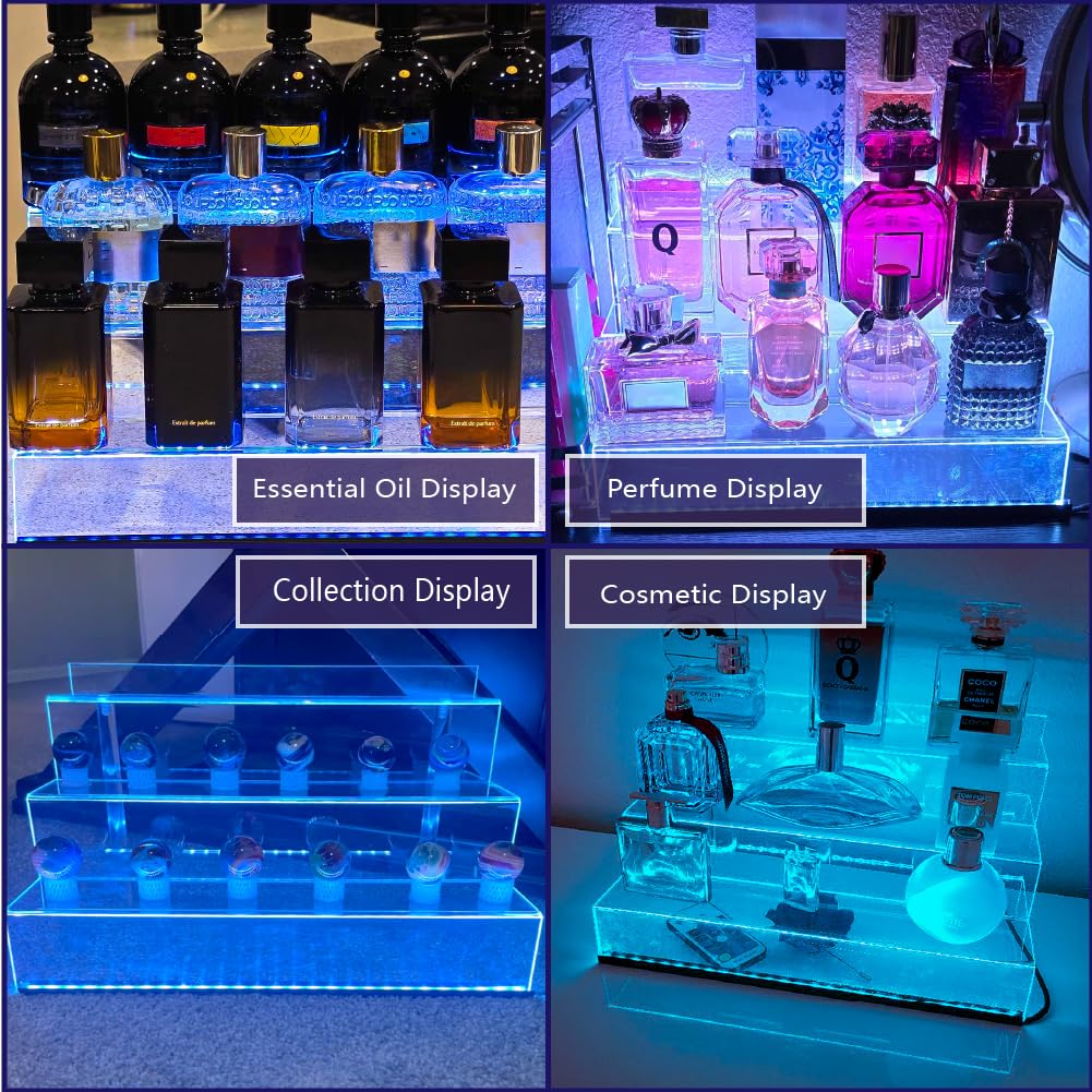 YMVV 15.7 IN Clear Acrylic Display Riser Shelf with LED light,3 Tier Display Step Shelves Holder, Perfume Cologne Organizer Holder,Pops Toys Figures, Clear Cupcake Riser, Dessert Shelf, Decoration on