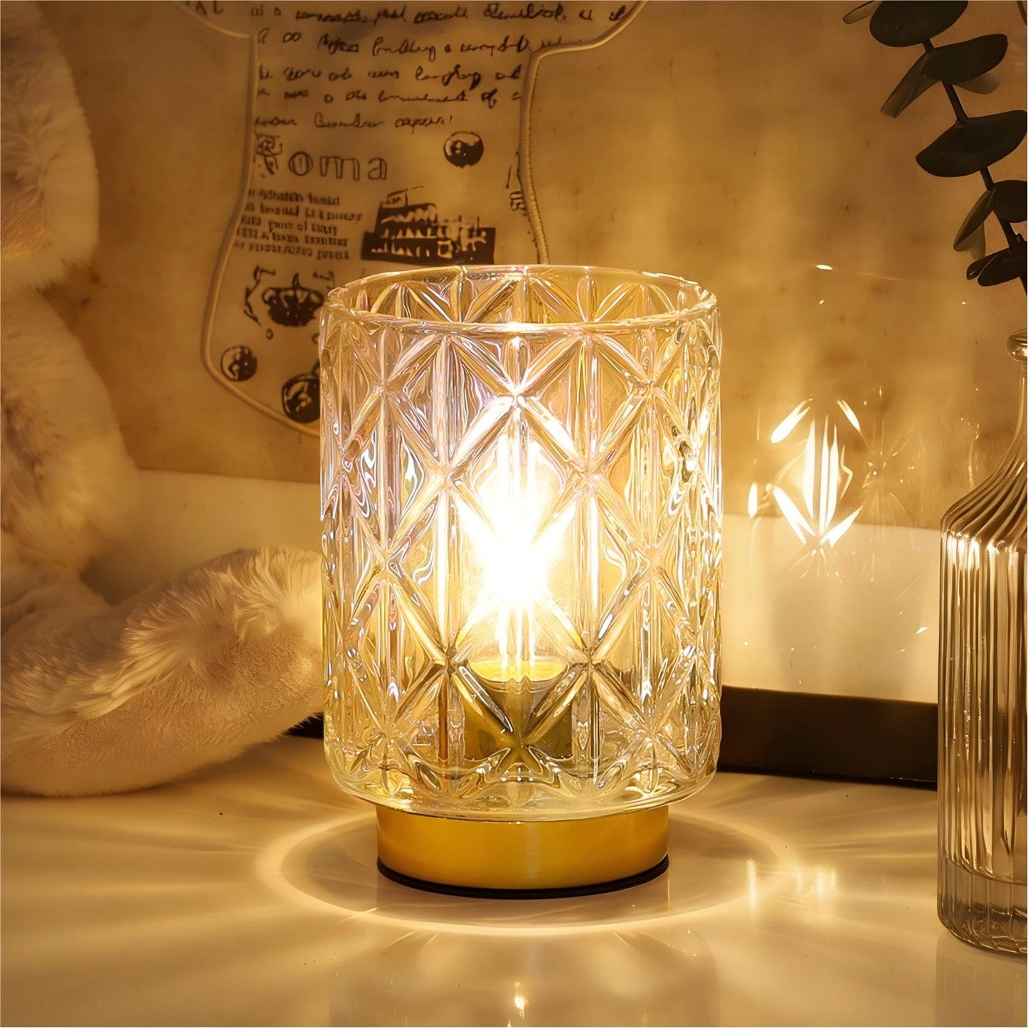 Battery Operated Lamp,Cordless Samll Glass Accent Lamp with Timer for Nightstand,Warm White Cozy Ambient Decorative Table Lamps for Shelf/Dorm/Office Cubicle/Desk/Entryway/Bedside(Iridescent Clear)