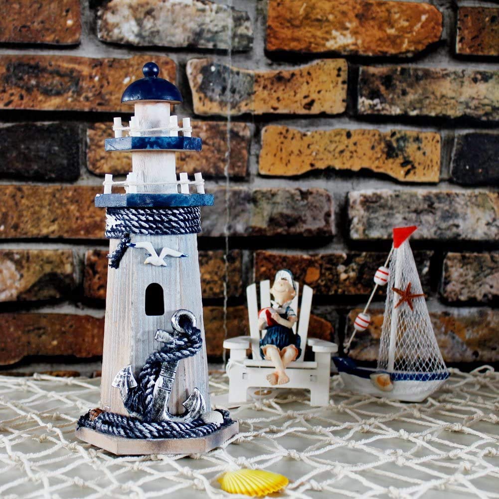 WHY DECOR Lighthouse Decor Nautical Decoration Wood Light House Figurine Beach House Coastal Decor Table Ocean Seaside Theme Home Lake House Bathroom Shelf Centerpiece 10.25" Blue