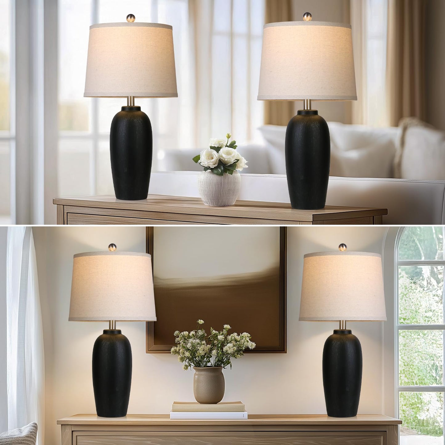 MOUVOVO Jar Table Lamps Set of 2, 25" Ceramic Bedside Lamps for Living Room, Black Farmhouse Nightstand Lamps for Bedroom