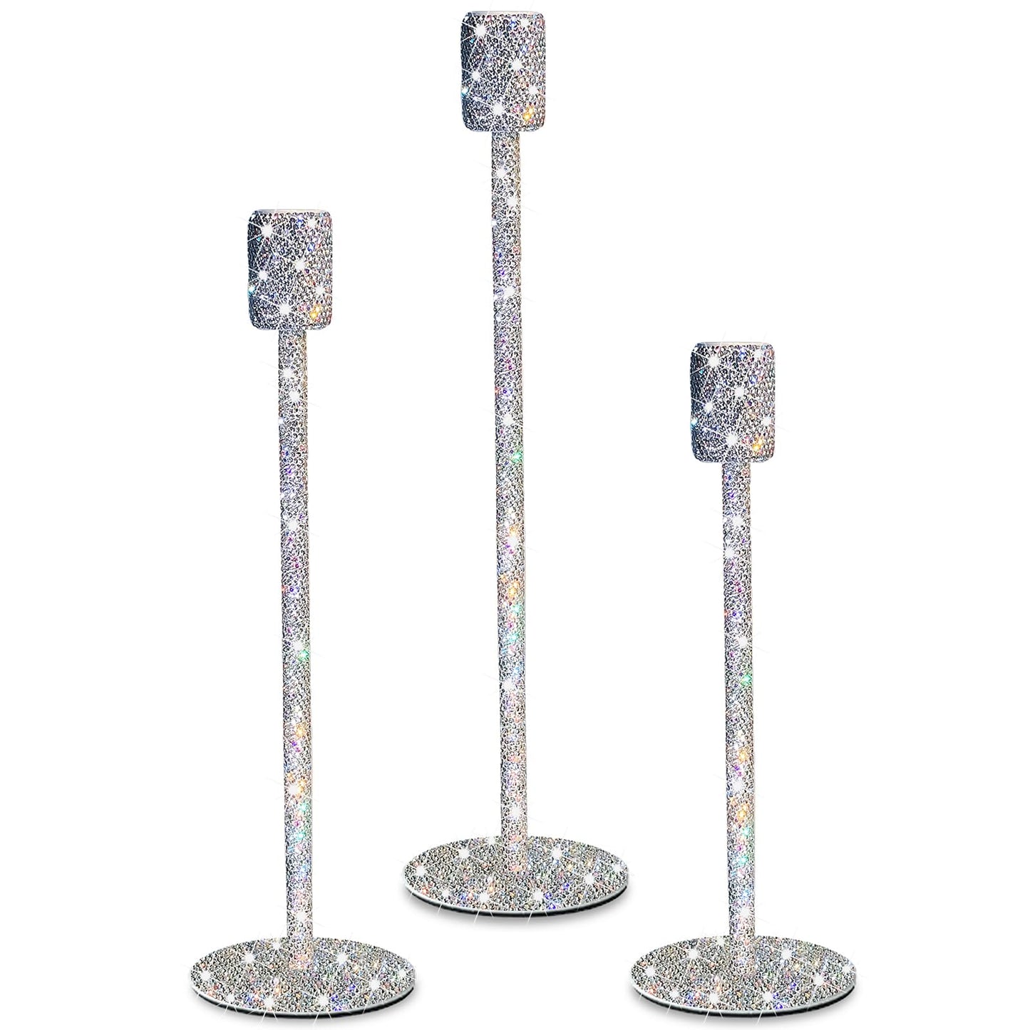 SlowVibes Bling Candlestick Holders Set of 3,White Crystal Rhinestone Tall Taper Candle Holders,Crushed Diamond Home Decor,Decorative Centerpiece for Table Mantel Wedding Fireplace,Housewarming Gift