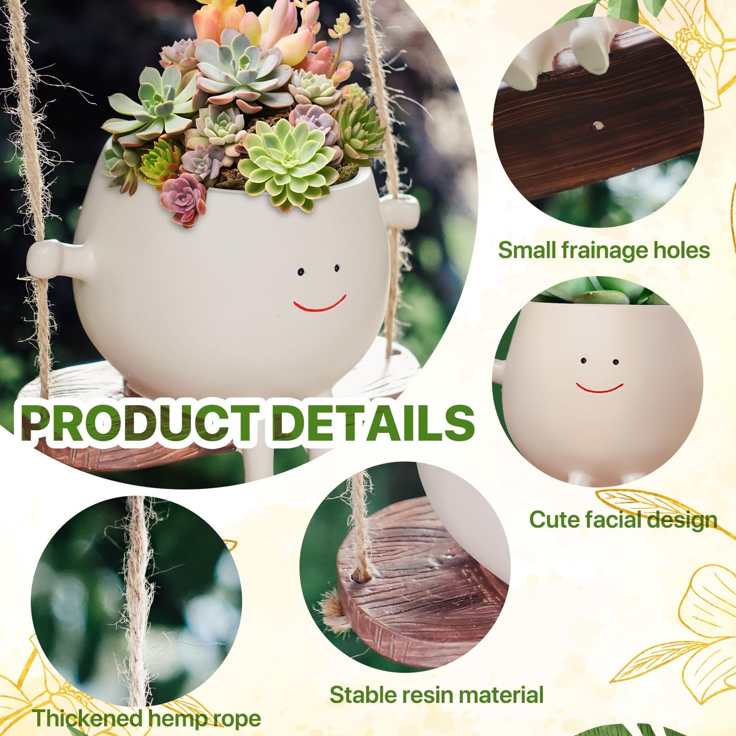 2 PCS Swinging Face Plant Pots 【2025 THICKEN VERSION】Unique Cute Hanging Succulent Cactus Flower Head Resin Planters Pots for Indoor & Outdoor, Creative Novelty Decorative Planter Gift for Home Garden