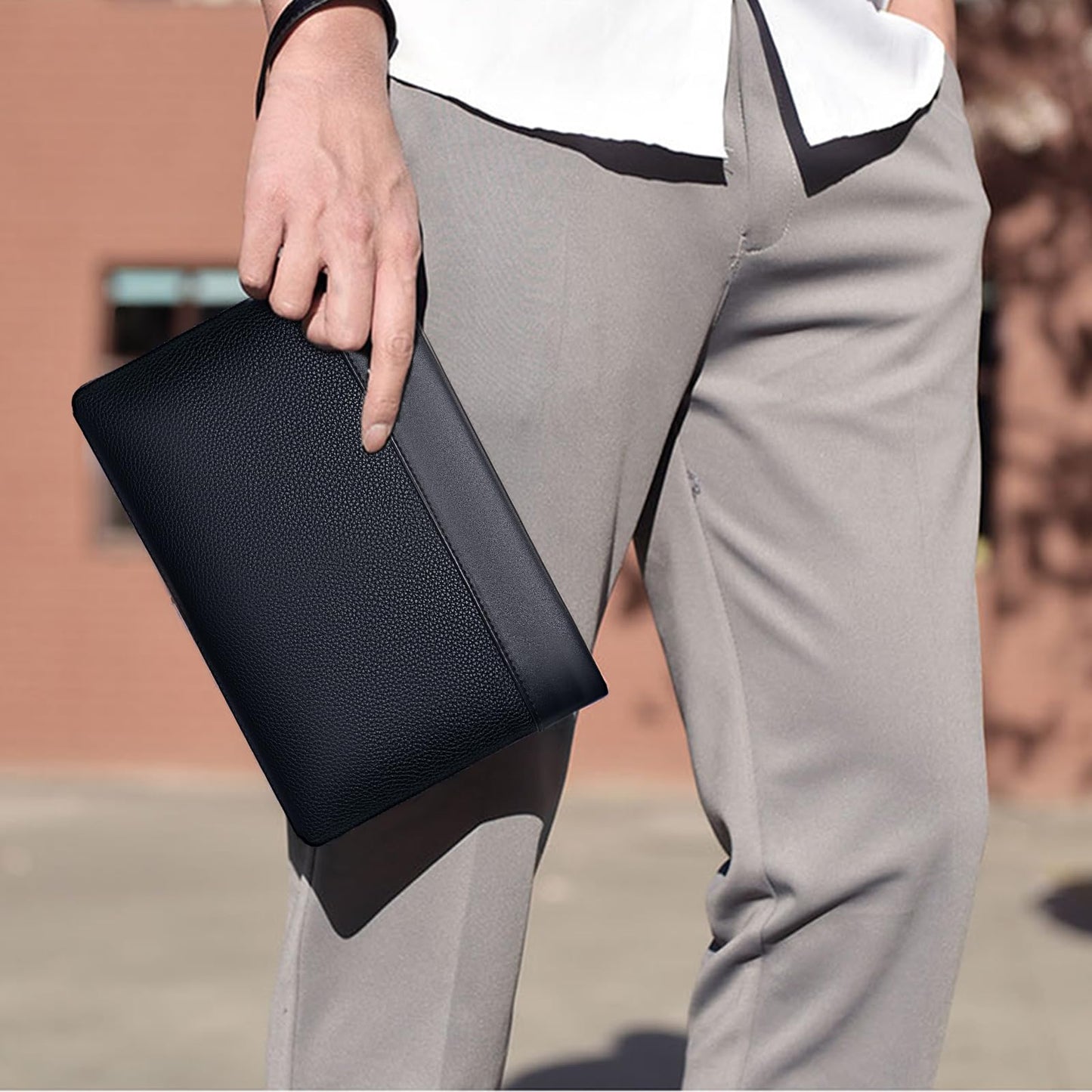 Eshow Mens Wristlet Bag Clutch Purse Handbags Synthetic Leather Bags with Wrist Strap Zip Closure 7.9 Inch for Business Travel Work