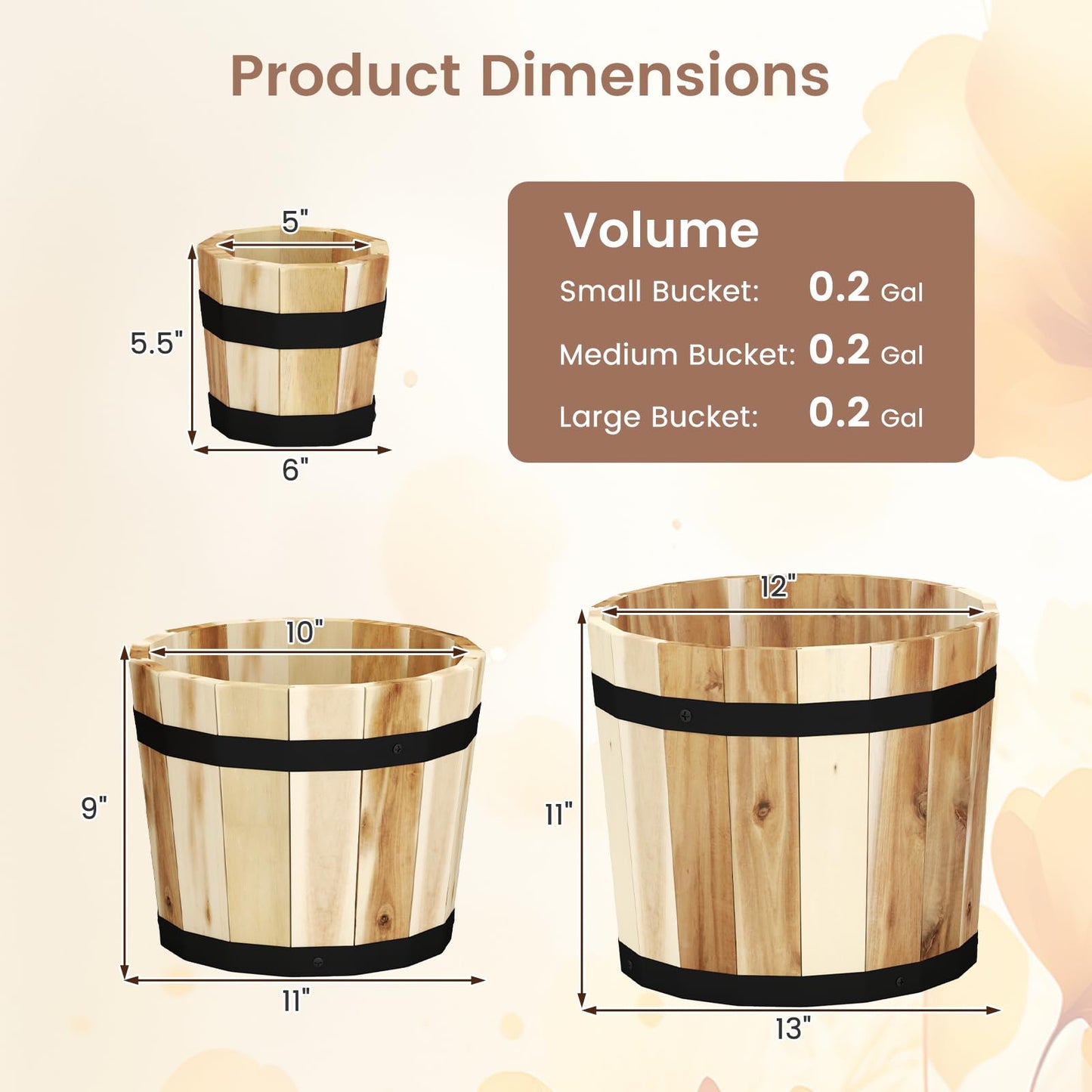 HAPPYGRILL Wooden Plant Pots, 3 Solid Acacia Wood Whiskey Barrel Planters w/Drainage Holes for Flower Herb Shrub, Multi Sizes Indoor Outdoor Patio Planting Flower Pots Home Decoration