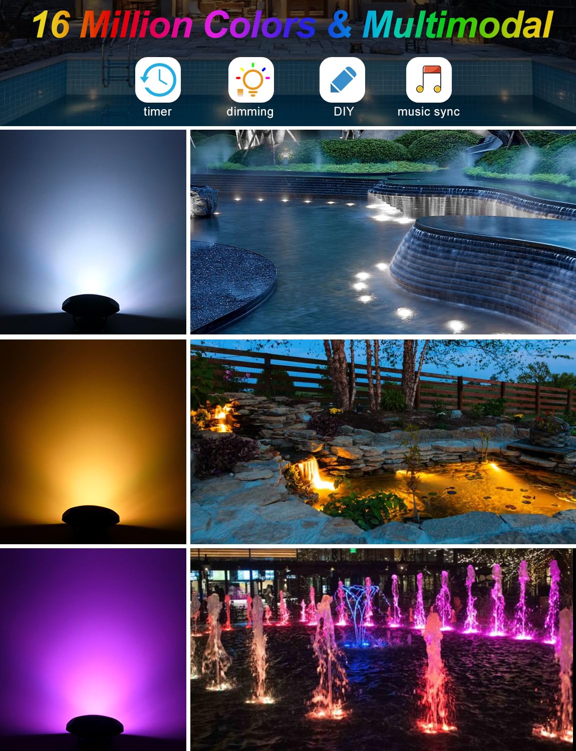NATPOW Pond Lights Mains, Underwater Lights RGB with APP& Remote Control, Timer Aquarium Light, IP68, Multiple Scene Lighting, Submersible, for Aquarium, Garden, Yard, Pool, Fountain (6-in-1)