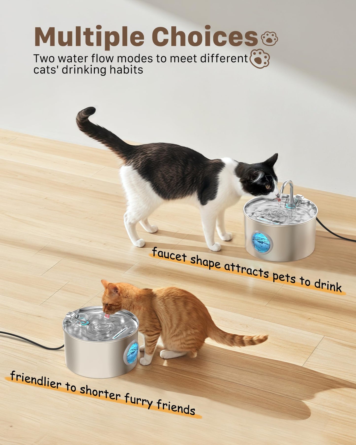 Cat Water Fountain Stainless Steel: 74oz/2.2L Cat Fountain for Drinking - Pet Water Fountain for Cats Inside - Quiet Cats Water Bowl Dispenser - Kitty Drinking Fountains - for Pets& Small Animals