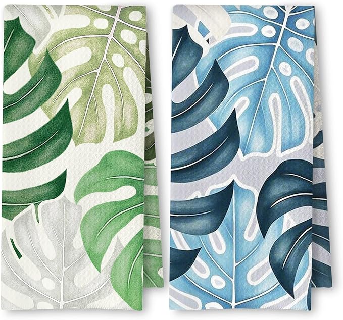 Boho Tropical Kitchen Towels Set of 2, Palm Leaf Botanical Dish Tea Towels
