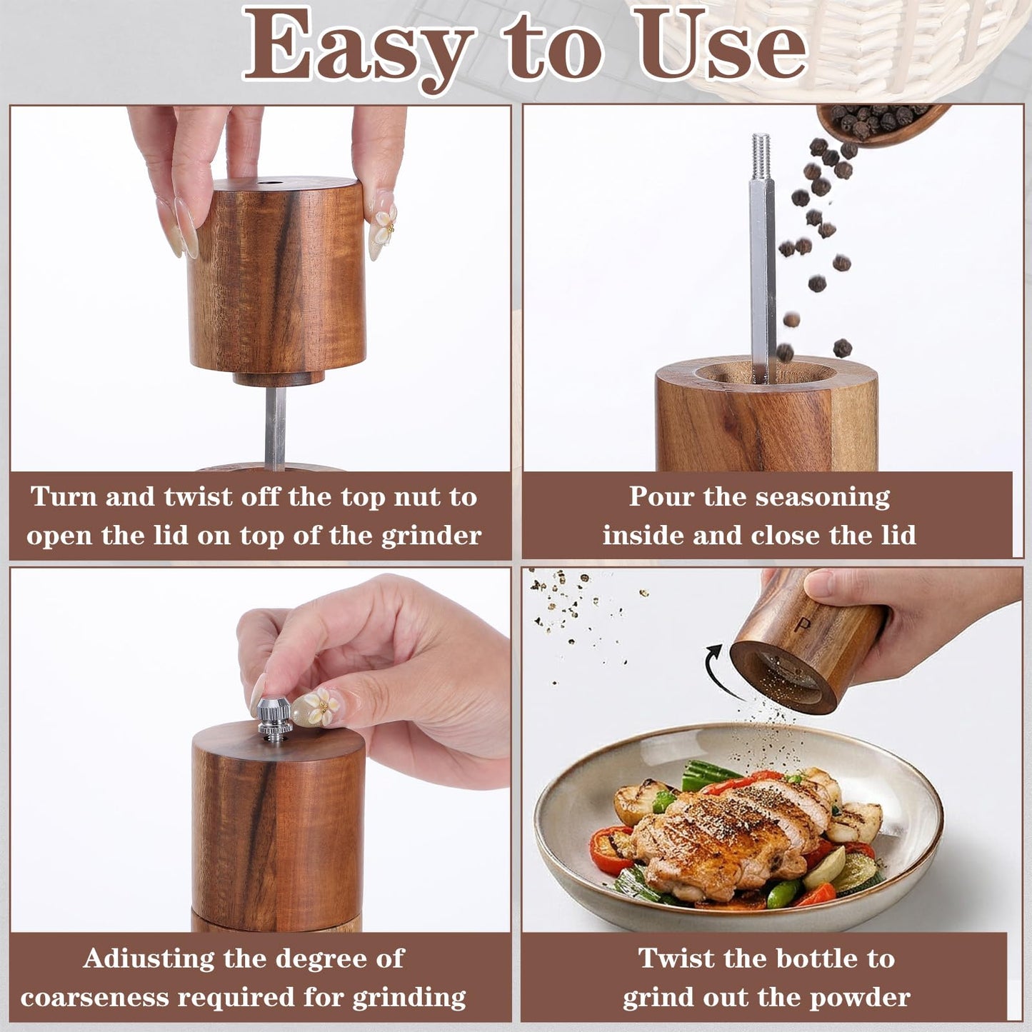 Wooden Salt and Pepper Grinder Set, 8 Inch Manual Mill with Tray, Adjustable Coarseness, Refillable Acacia Wood Grinders for Kitchen, Home, and Gift (Brown)