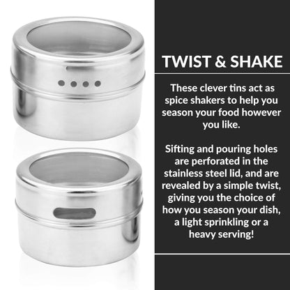 Spice Jars 12 Pack Magnetic Spice Tins Stainless Steel Transparent Top | Labels Included | Magnetic Storage Containers | Magnetic Condiment Tins | M&W