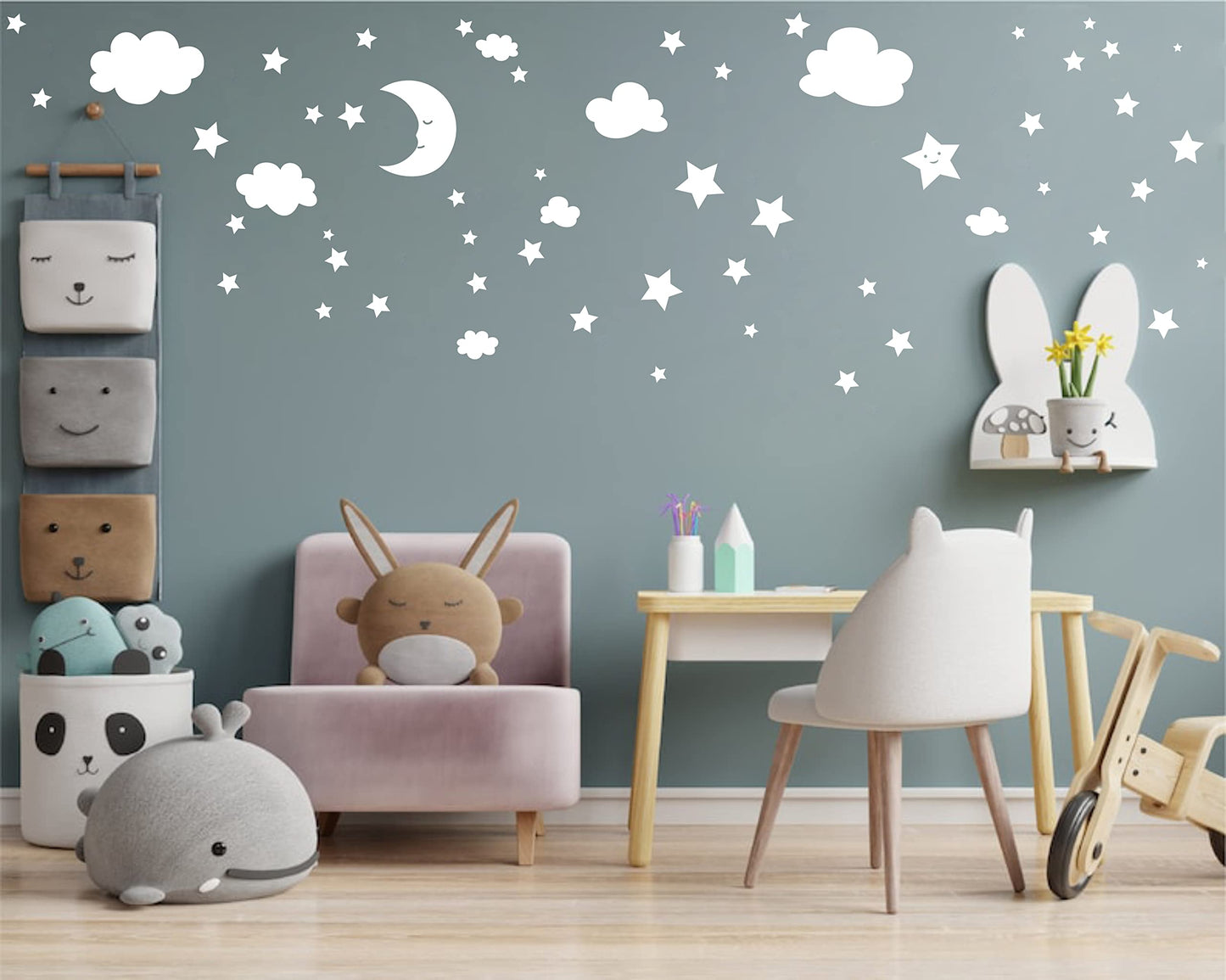Crescent Moon Stars and Clouds Wall Decals Moon and Stars Nursery Wall Stickers Starry Sky Playroom Decor Kids Rooms Mural Kids Room Wall Art Y59 (White)