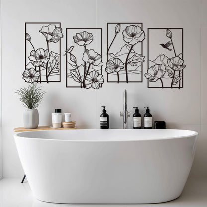deeinglif Black Metal Wall Art Set of 4, 3D Metal Wall Decor for Living Room Bedroom Bathroom, Abstract Floral Mountain Nature Wall Sculptures, Modern Minimalist Iron Wall Art, 12 x 17 Inch