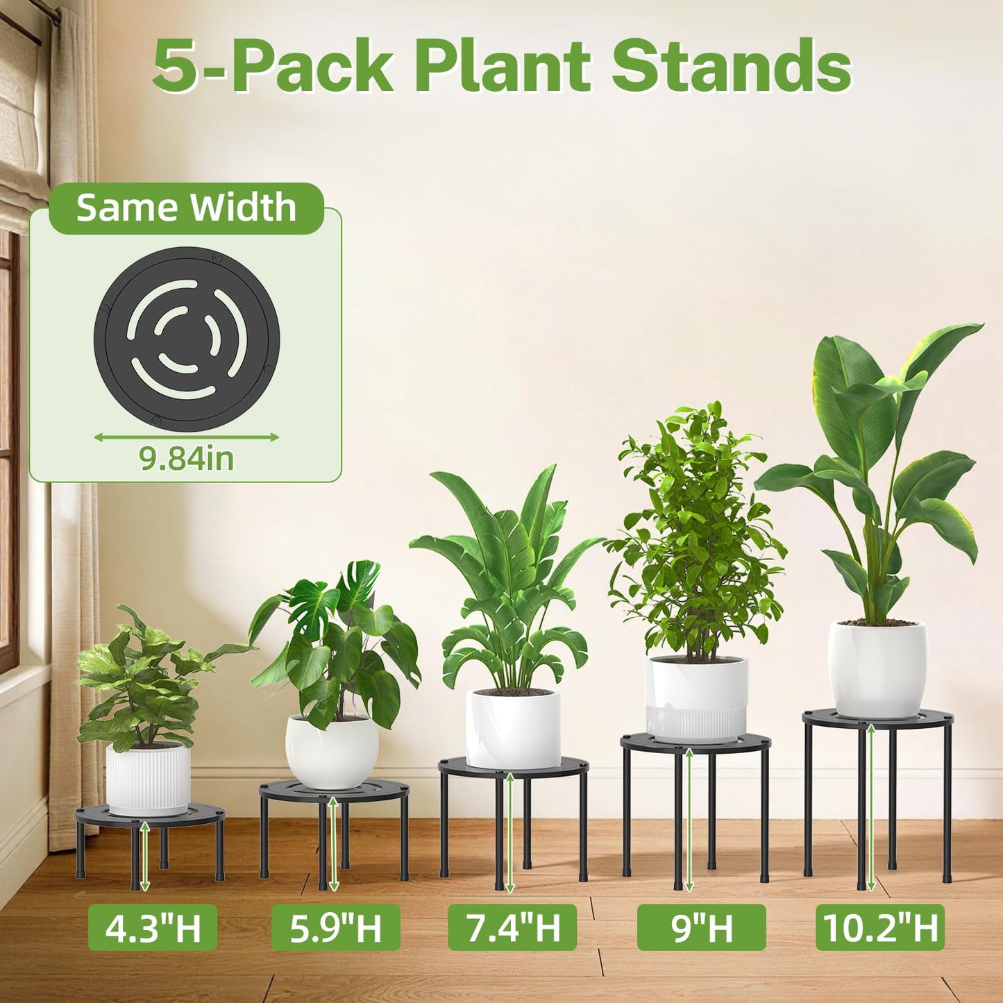 iDavosic.ly 5-Pack Metal Plant Stands for Indoor Outdoor, 10 Inch Small Flower Pot Holder, Anti-Rust Heavy Duty Iron Planter Stool, Sturdy Round Plant Risers for Home Garden Patio, Modern Black