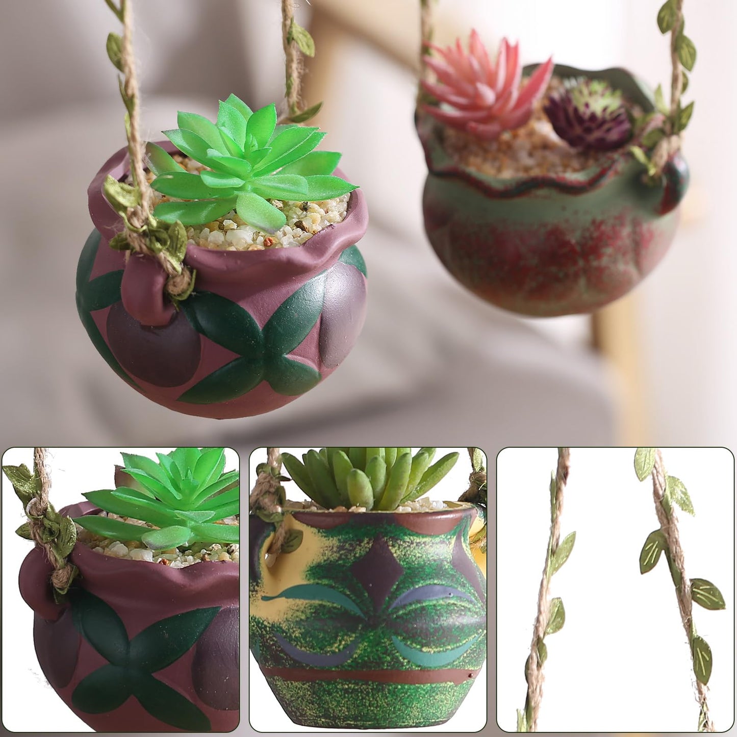 Yuccasly 4 Piece Boho Ceramic Hanging Planters with Drainage Holes – Adorable Indoor Outdoor Succulent Flower Pots, Unique Home Décor, Charming Small Planters for Plants
