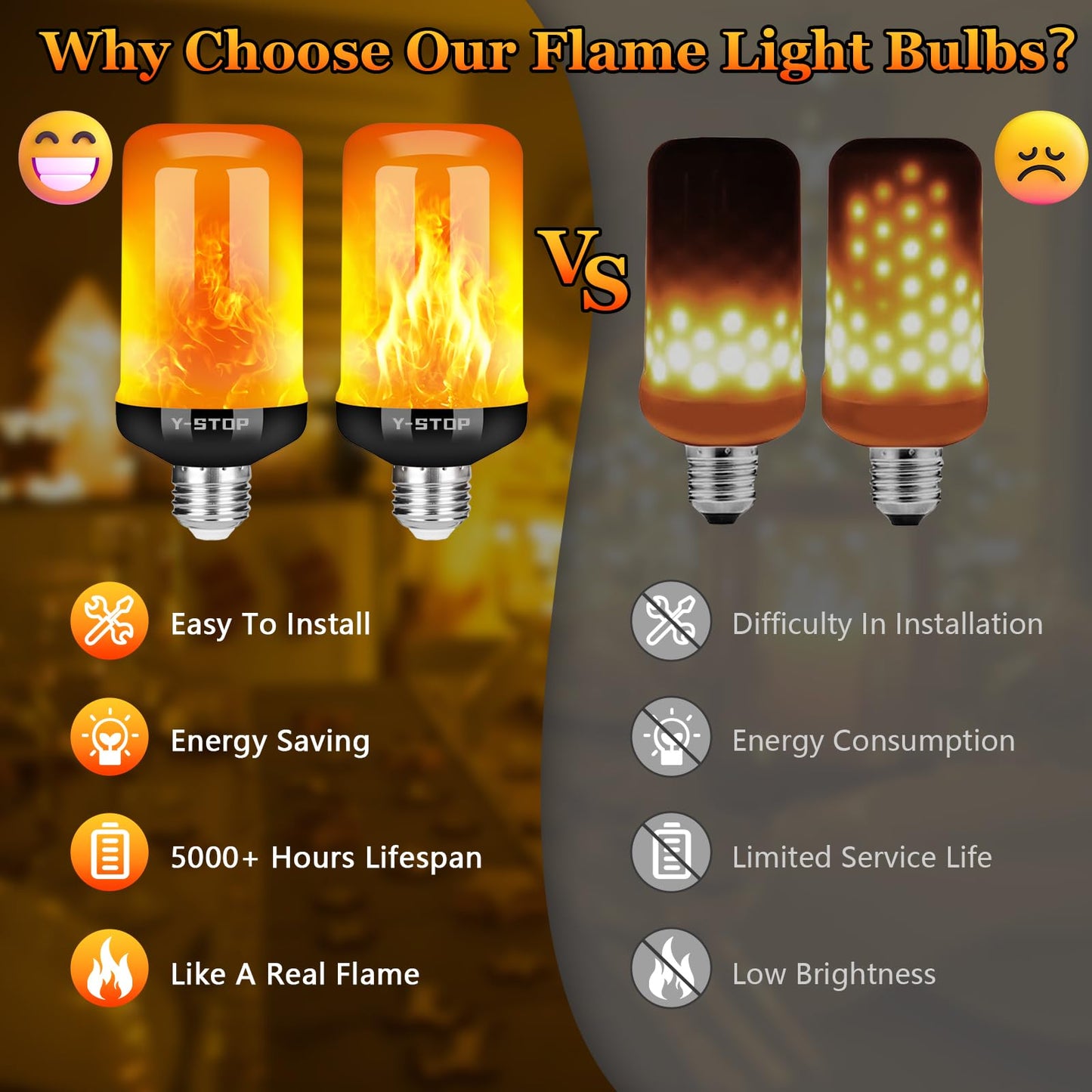 Y- STOP Upgraded LED Flame Light Bulbs, 4 Modes Flickering Light Bulb with Upside Down Effect, E26 Base Flame Bulb for Halloween Lights, Christmas Decorations Outdoor Indoor, Party Decor (4 Pack)