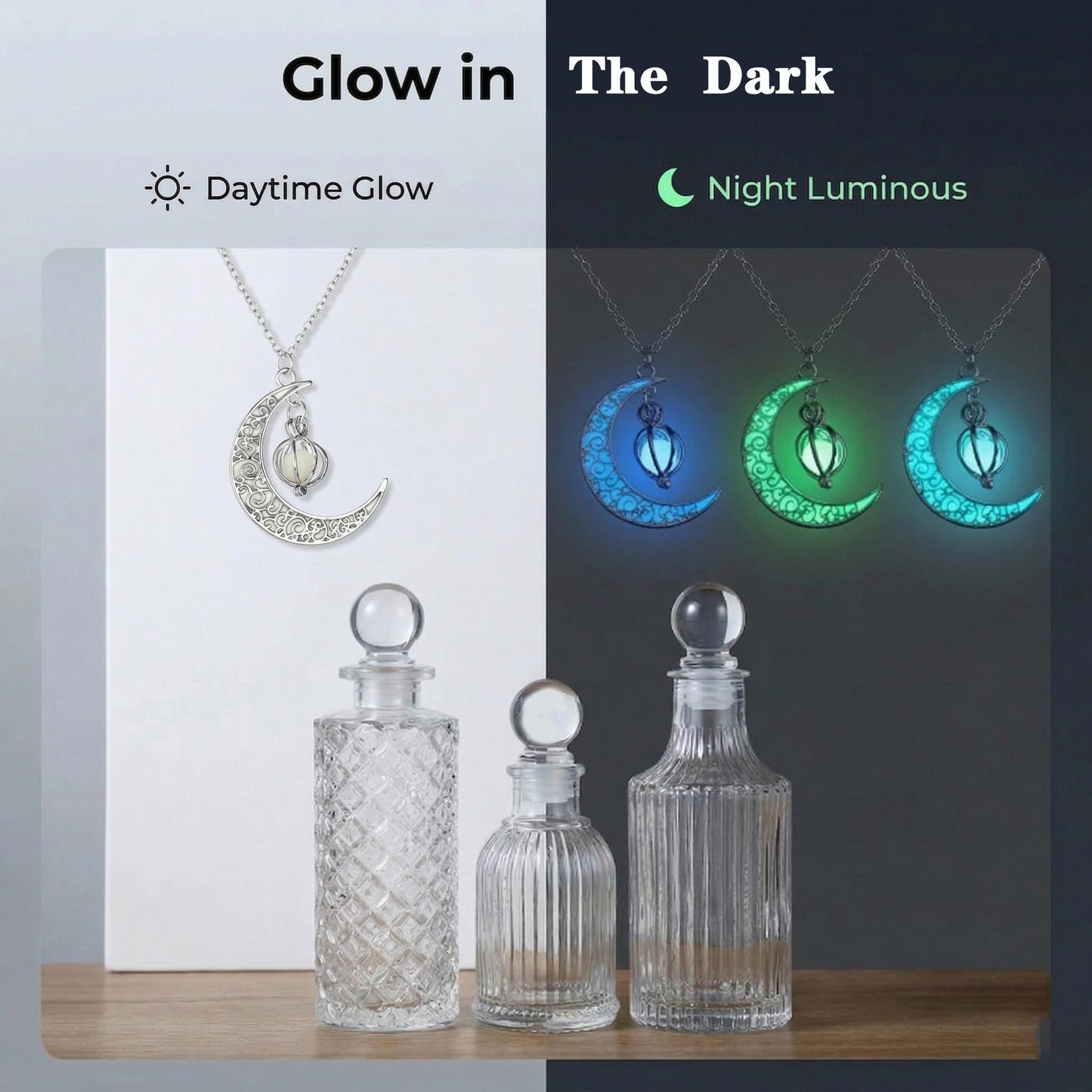 Moon Energy Glass Bottle Set with 3 Luminous Moon Pattern Necklace, Airtight Glass Jars for Crystal Cleansing, Rituals & Altar Decor Meditation Witchcraft with Leak-Proof Silicone Stopper