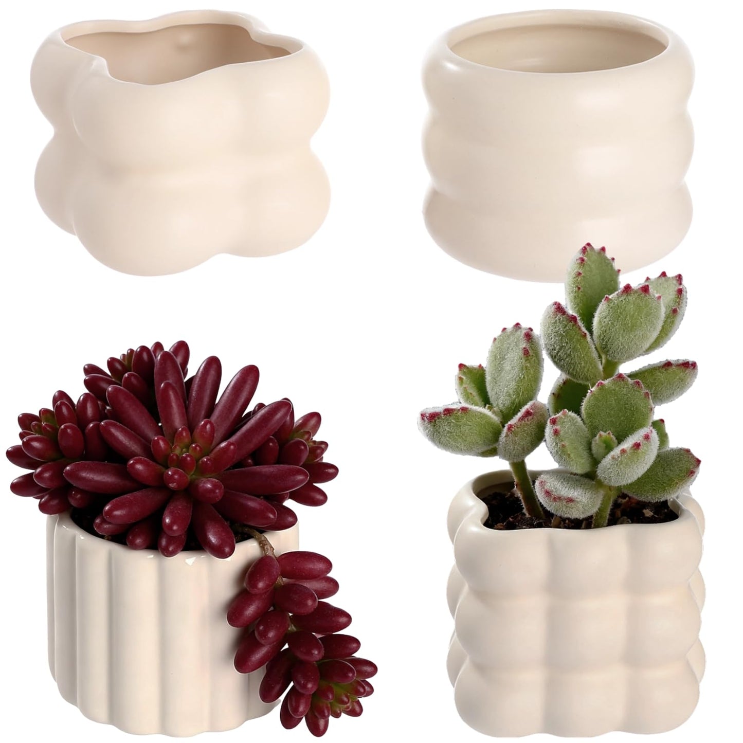 NIMBLOOM 4 PCS Ceramic Succulent Pots, Creamy Soft Shape Decorative Plant Pots Puffy Design Minimalist Sculpted Ceramic Planters with Drainage Hole and Anti-Slip Base for Cozy Home Decor