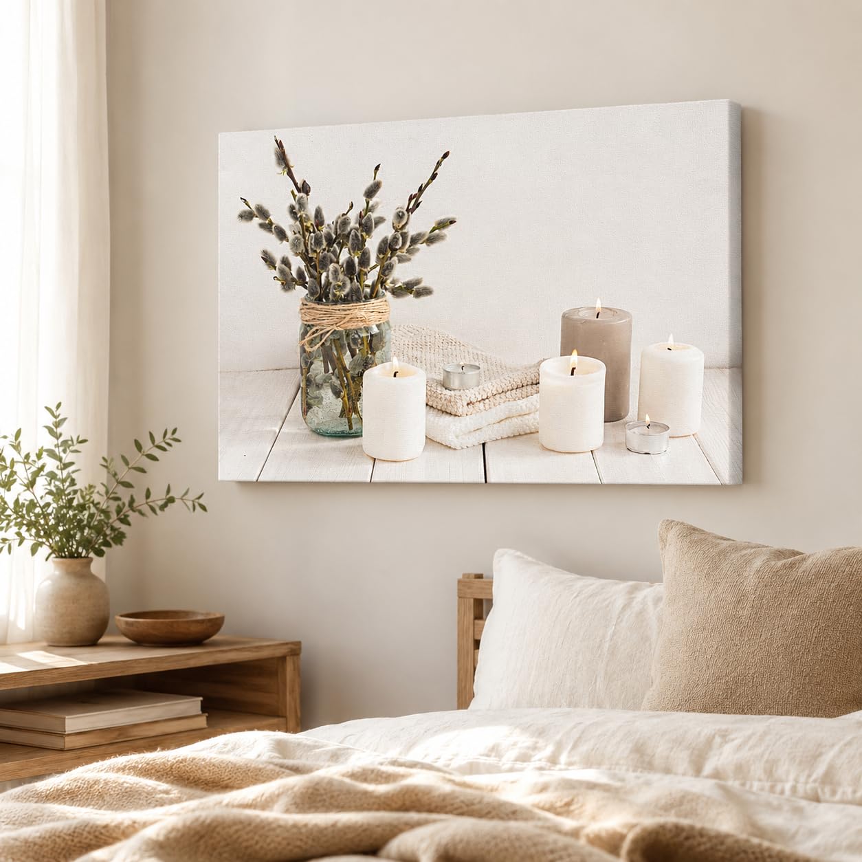Zen Wall Art Decor - Modern Bathroom & Relaxing Canvas Wall Art for Spa, Home & Office - White Candle & Plant Art Prints - 12x18 Inches