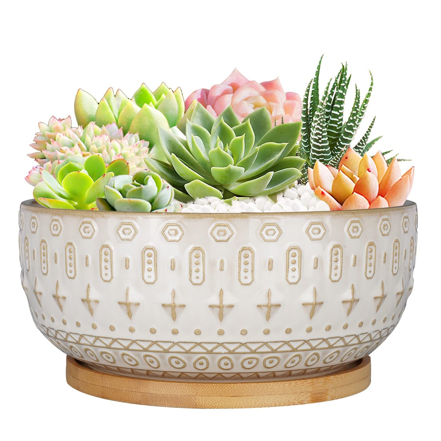 Fivepot 8 Inch Ceramic Succulent Planter Pots with Drainage Hole Flower Pot for Indoor Plants Round Shallow Bonsai Pot with Bamboo Tray White