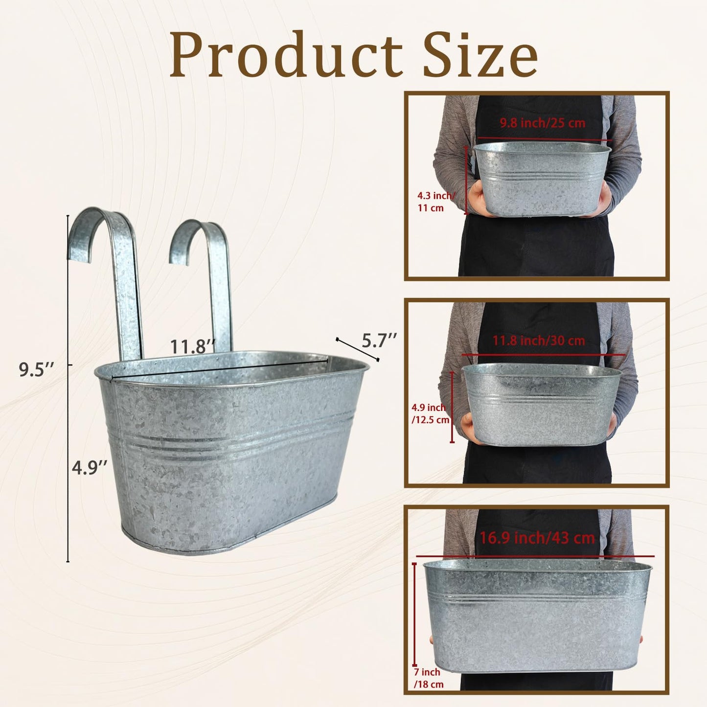 Joyfernal Balcony Galvanized Hanging Planters Railing Flower Pots, Outdoor Metal Fence Planter Pot with Detachable Hooks Drain Hole for Garden Patio Yard Decor (12 Inch, 6Pcs)