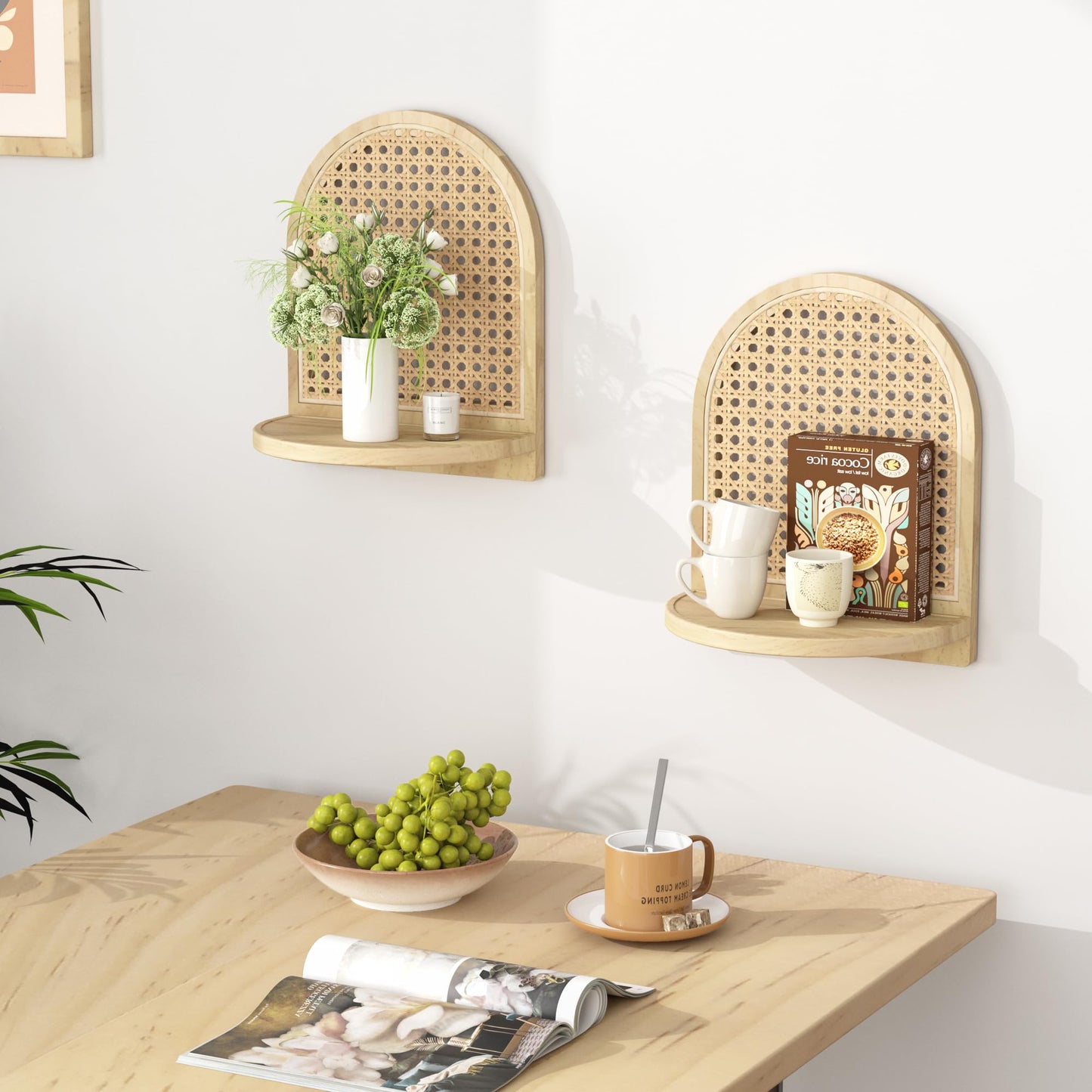 LUPWNEKA Arched Rattan Wall Shelf - Boho Rattan Floating Shelf with Grooved Edge, Unique Small Display Shelves, Natural Pine Wood Wall Decor for Bedroom, Living Room, Nursery Room, Set of 2, Natural