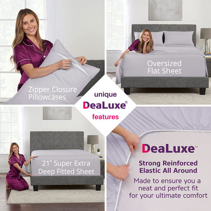 Extra Deep Pocket King Size Sheets – 21” King Sheet Sets Deep Pocket – [4 Piece Set] King Bed Sheets Oversize Flat Sheet, Fitted Sheet, 2 Zippered Pillowcases – 18”–23” King Sheets – Grey Lavender