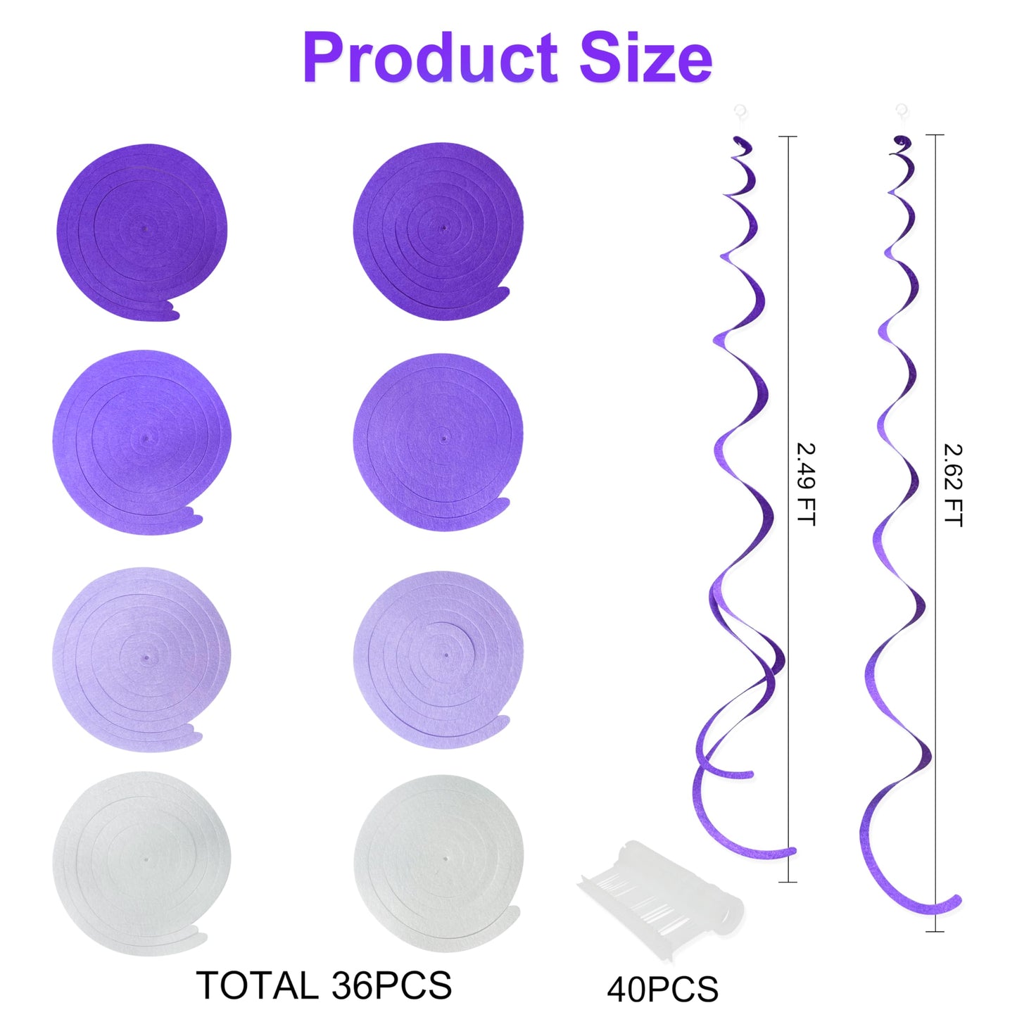 36Pcs Purple Hanging Swirl Decorations Ombre Purple Felt Swirl Streamer Spiral Ceiling Garland for Lavender Lilac Violet Birthday Wedding Bachelorette Baby Shower Graduation Holiday Hen Party Supplies