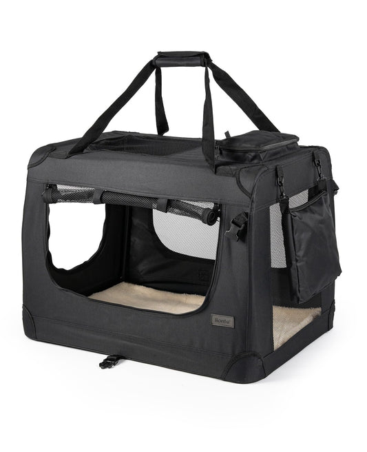 lionto Dog transport box foldable for travel & car, 60x42x44 cm, sturdy transport box with carrying handles & blanket for cats & dogs up to 12 kg, sturdy fabric dog box for small & large, black