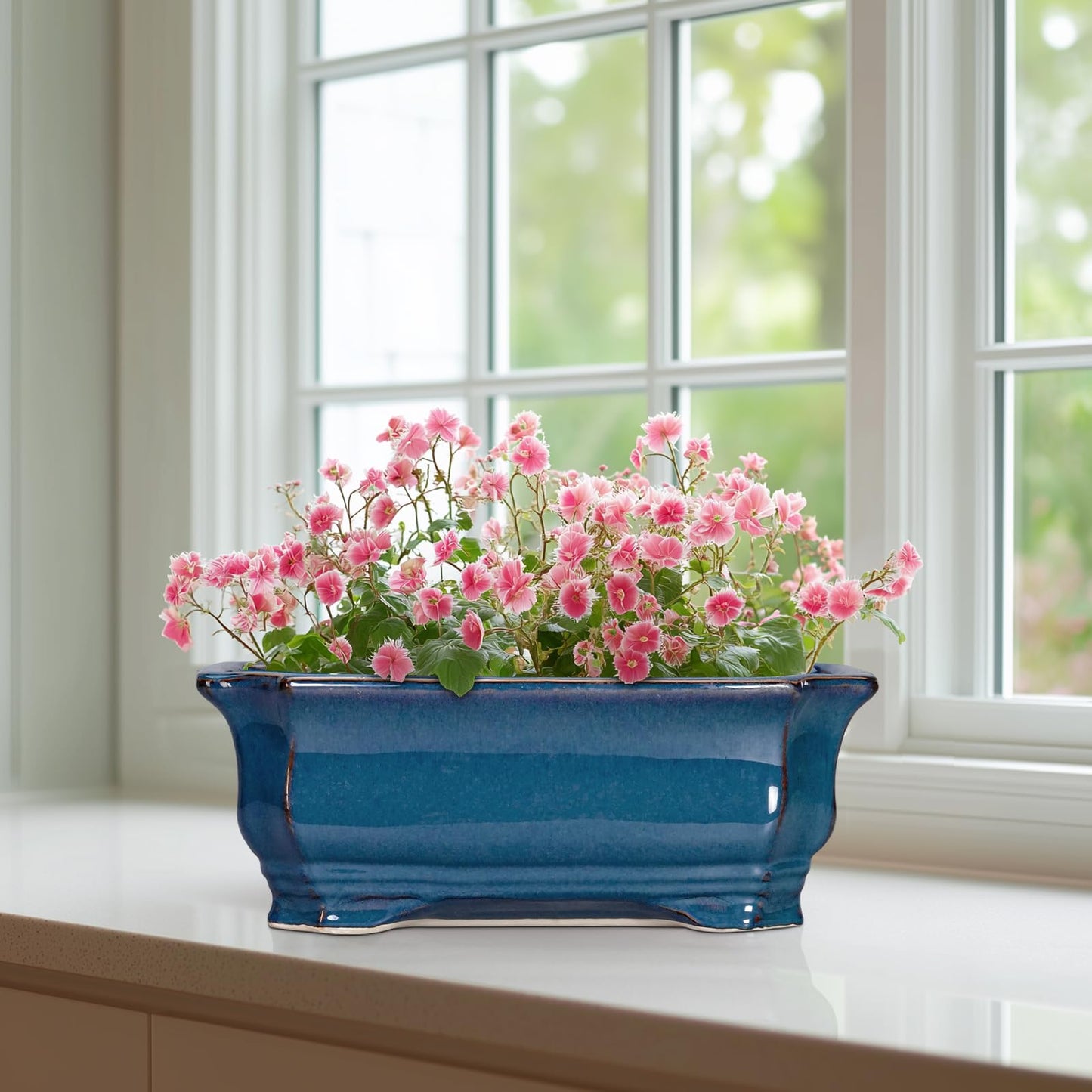 Teagas Bonsai Pots 11.6 Inch - Ceramic Succulent Pots with Drainage Hole, Rectangular Planter for Indoor Outdoor, Decorative Ceramic Flower Pot, Home Garden Room Decor, Plant Lover Gifts, Retro Blue