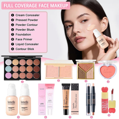 All in One Makeup Kit Makeup Set for Women Full Kit, Make Up Gift Set for Women Teens Girls, Makeup Essential Bundle Includes Eyeshadow Foundation Lipsticks Mascara Eyeliner Cosmetic Brush Set