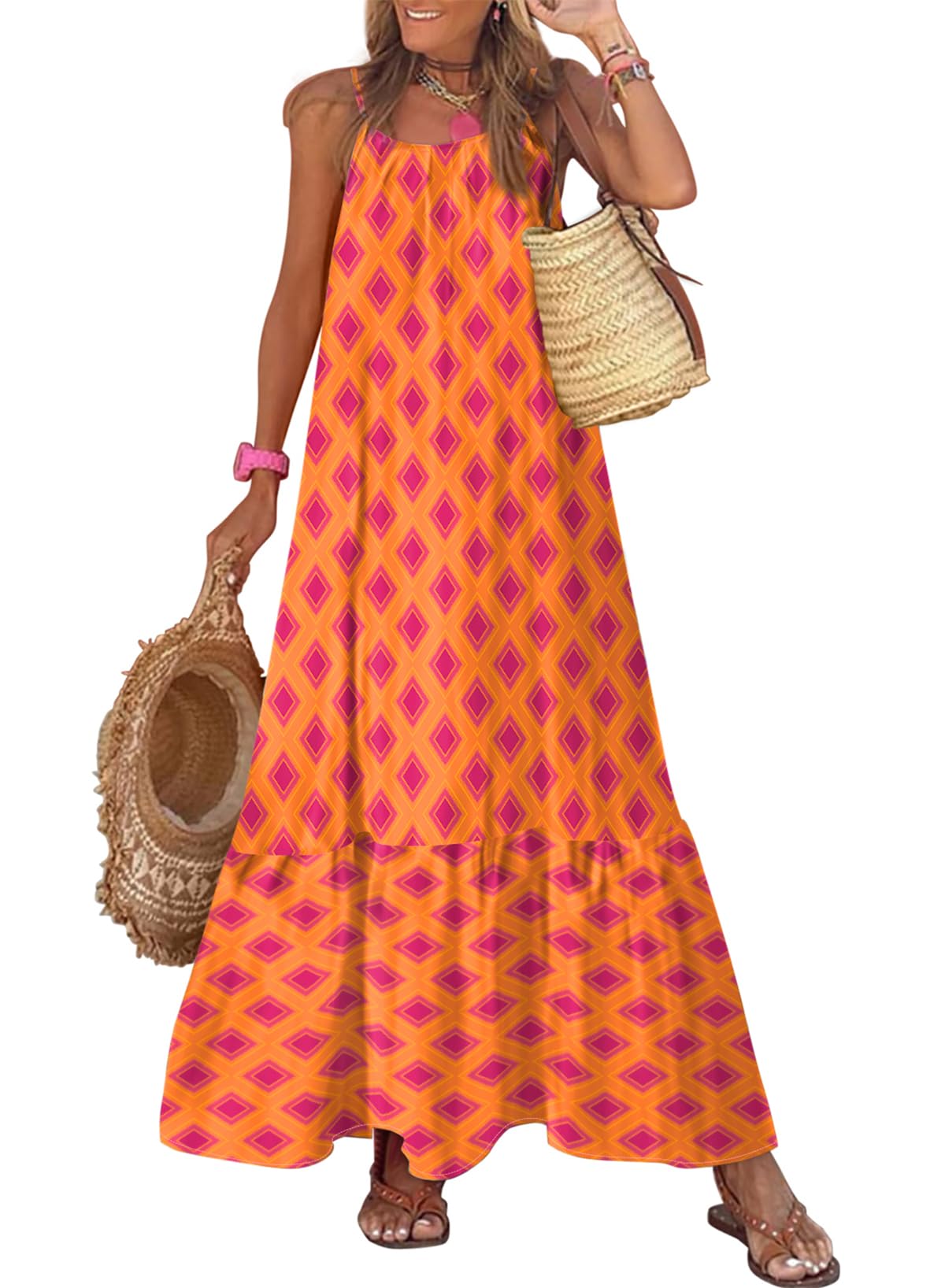 Dokotoo Women Summer Dresses 2025 Spaghetti Strap Scoop Neck Smocked Ruffle Flowy Boho Maxi Dress