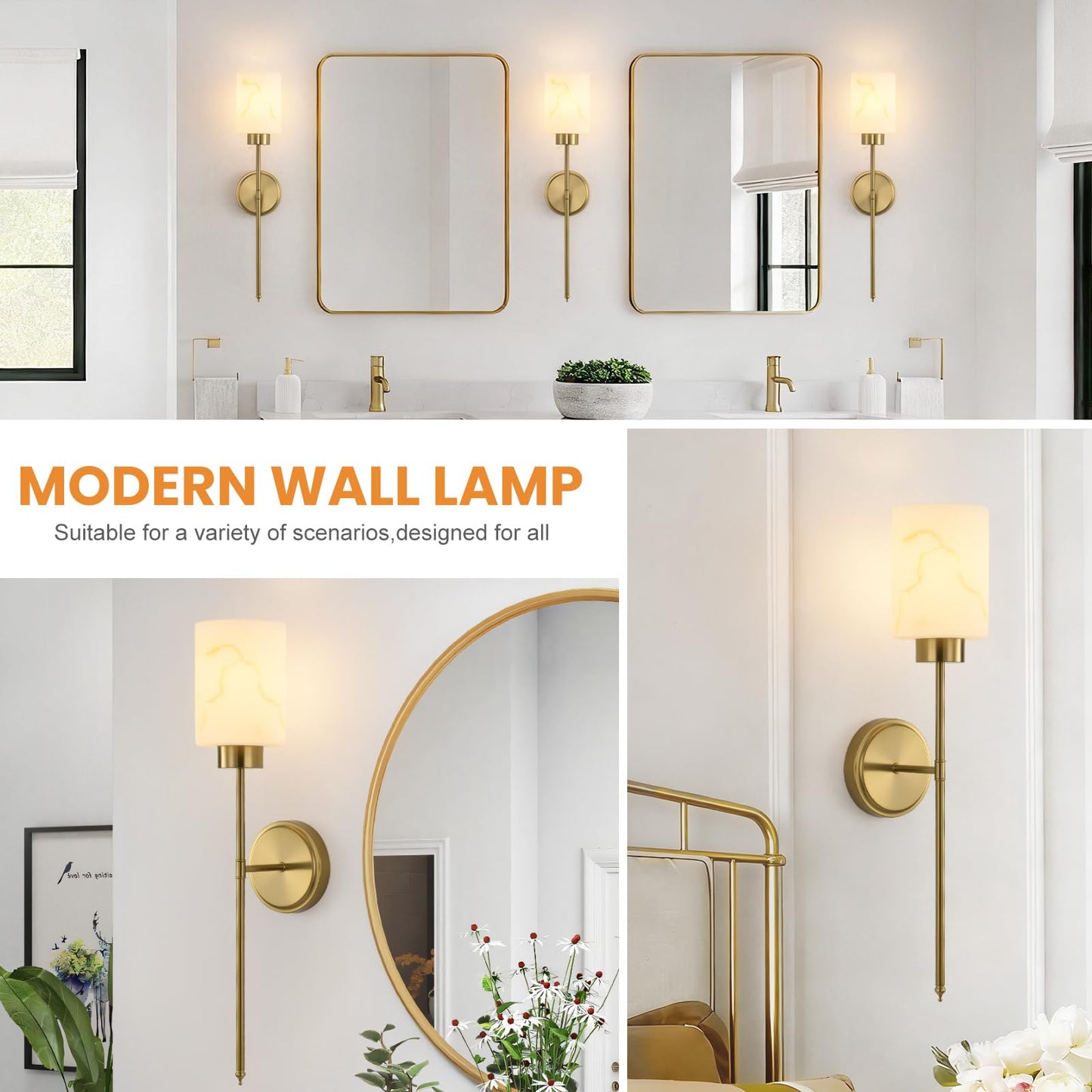 Mieloxiy Gold Wall Sconces Set of 2 with Marble Glass Shade, Modern Bathroom Vanity Light Fixtures for Bedroom, Hallway, Entryway, Living Room